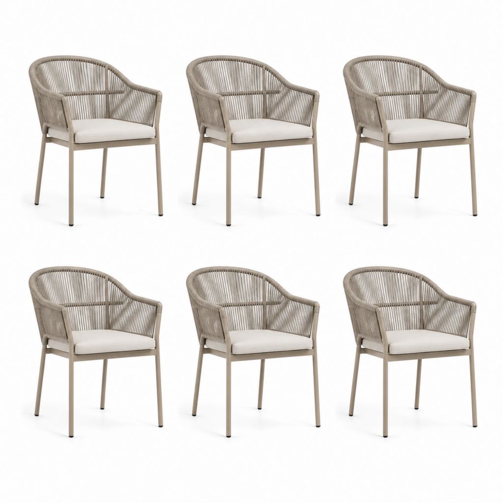 Lot de 6 chaises de jardin avec accoudoirs taupe en aluminium et corde polyester 56 x 60 x 80 cm