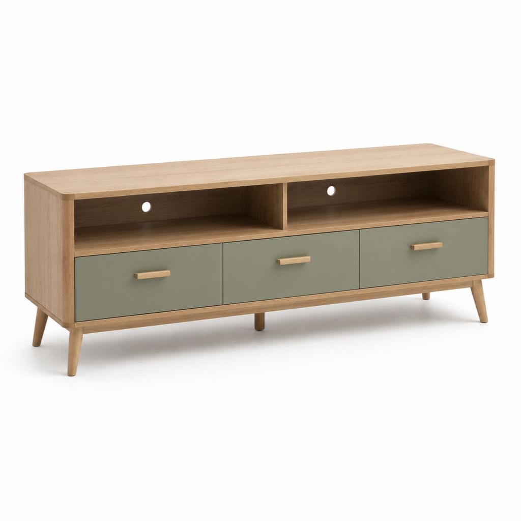 Meuble TV rectangulaire 160 x 40 x 60 cm vert sauge et chêne clair en panneaux MDF