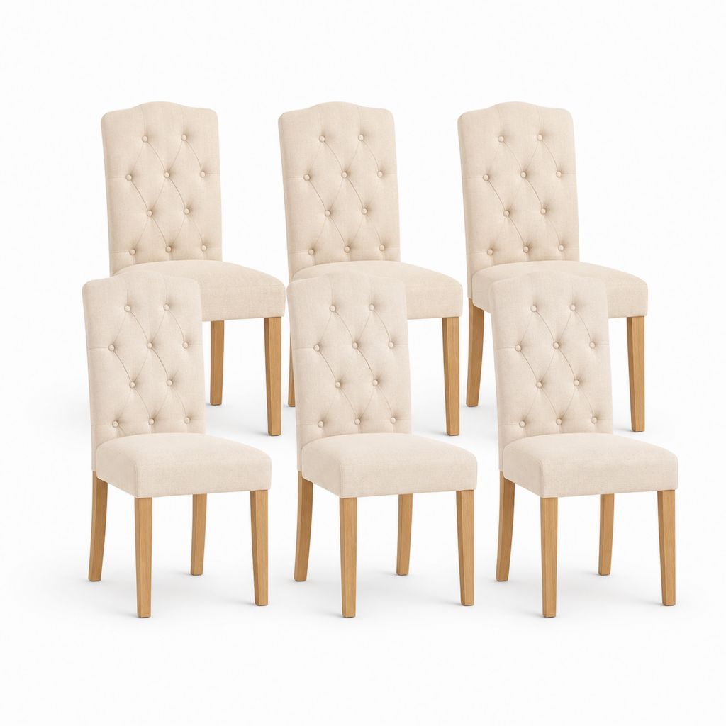 Lot de 6 chaises de salle à manger beige en polyester capitonné pieds en hévéa massif 45 x 54 x 97 cm