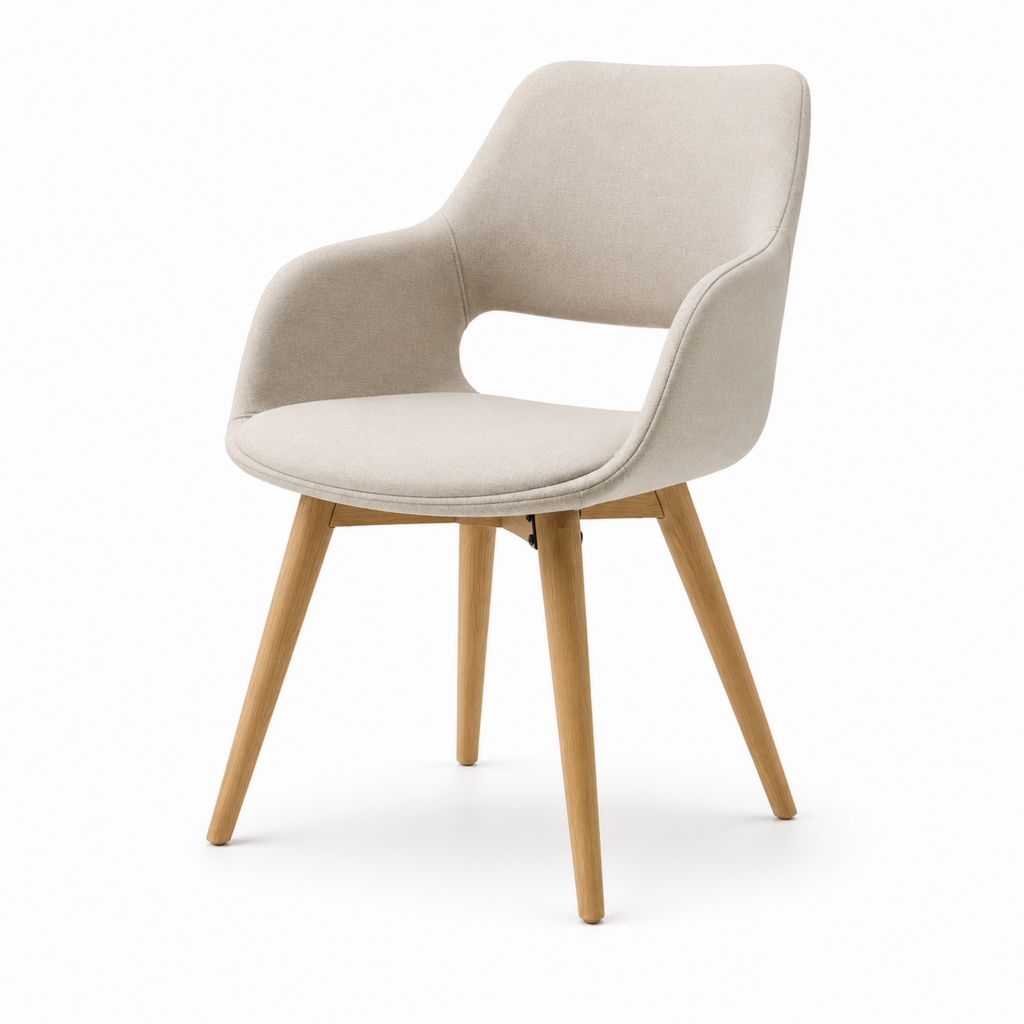 Chaise de salle à manger avec accoudoirs beige en polyester pieds en hêtre massif forme enveloppante 58 x 60 x 84 cm