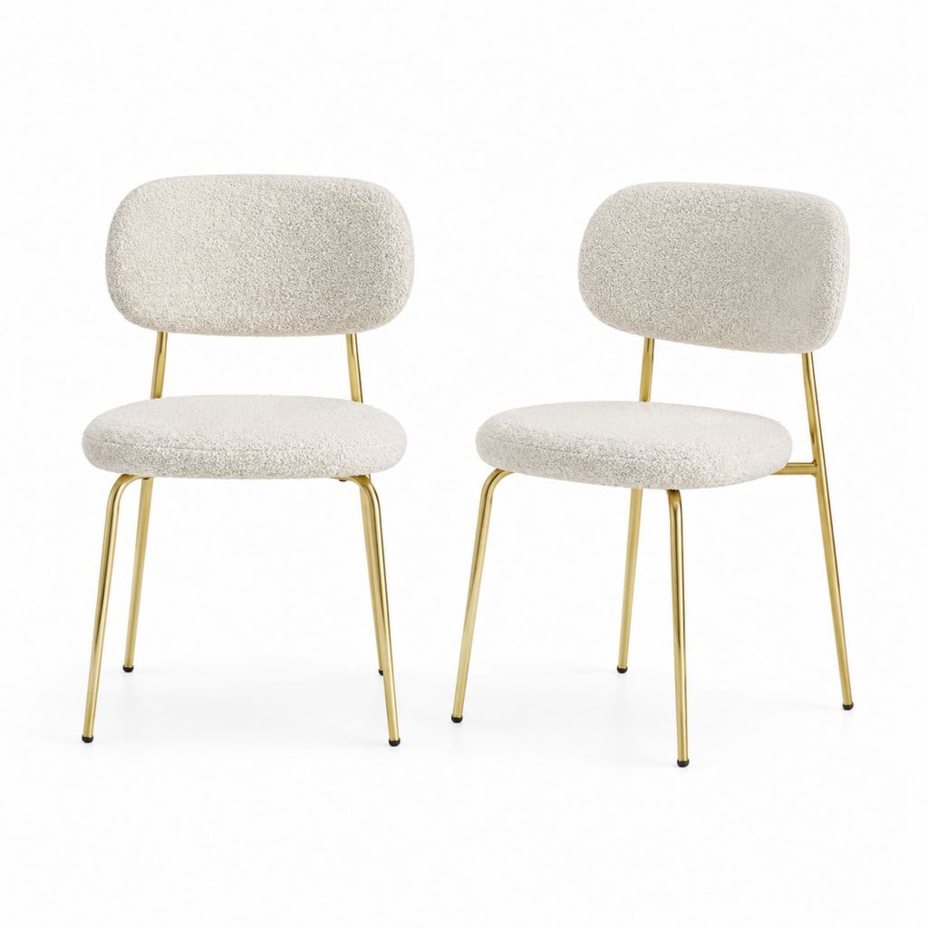 Lot de 2 chaises de salle à manger crème en polyester bouclette avec pieds en acier doré 82 x 49 x 54 cm
