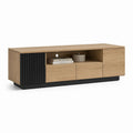 Meuble TV rectangulaire chêne clair et noir en panneaux MDF 160 x 40 x 55 cm avec rangement et passe-câbles