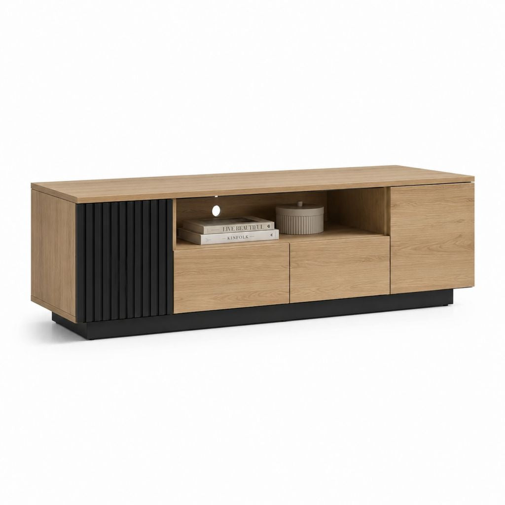 Meuble TV rectangulaire chêne clair et noir en panneaux MDF 160 x 40 x 55 cm avec rangement et passe-câbles