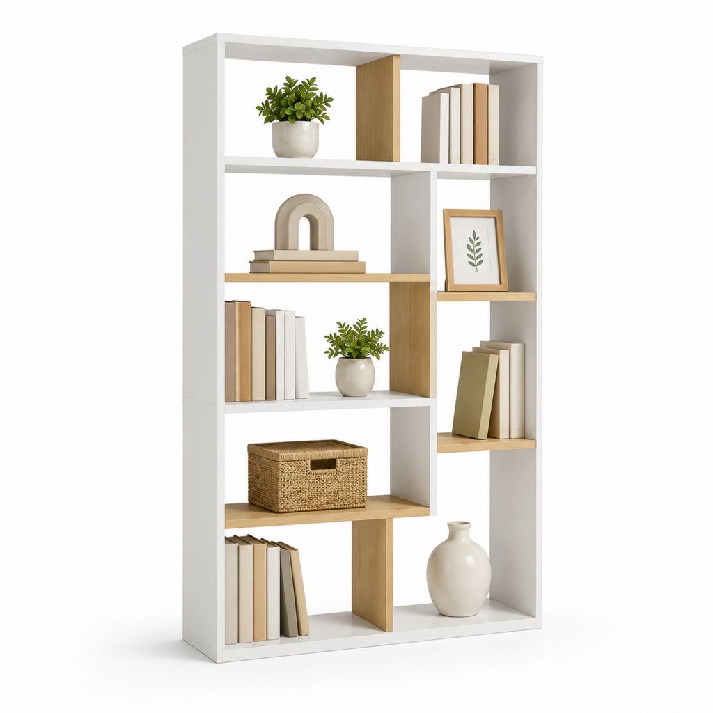 Bibliothèque ouverte blanche et effet chêne en panneaux MDF 80 x 30 x 180 cm
