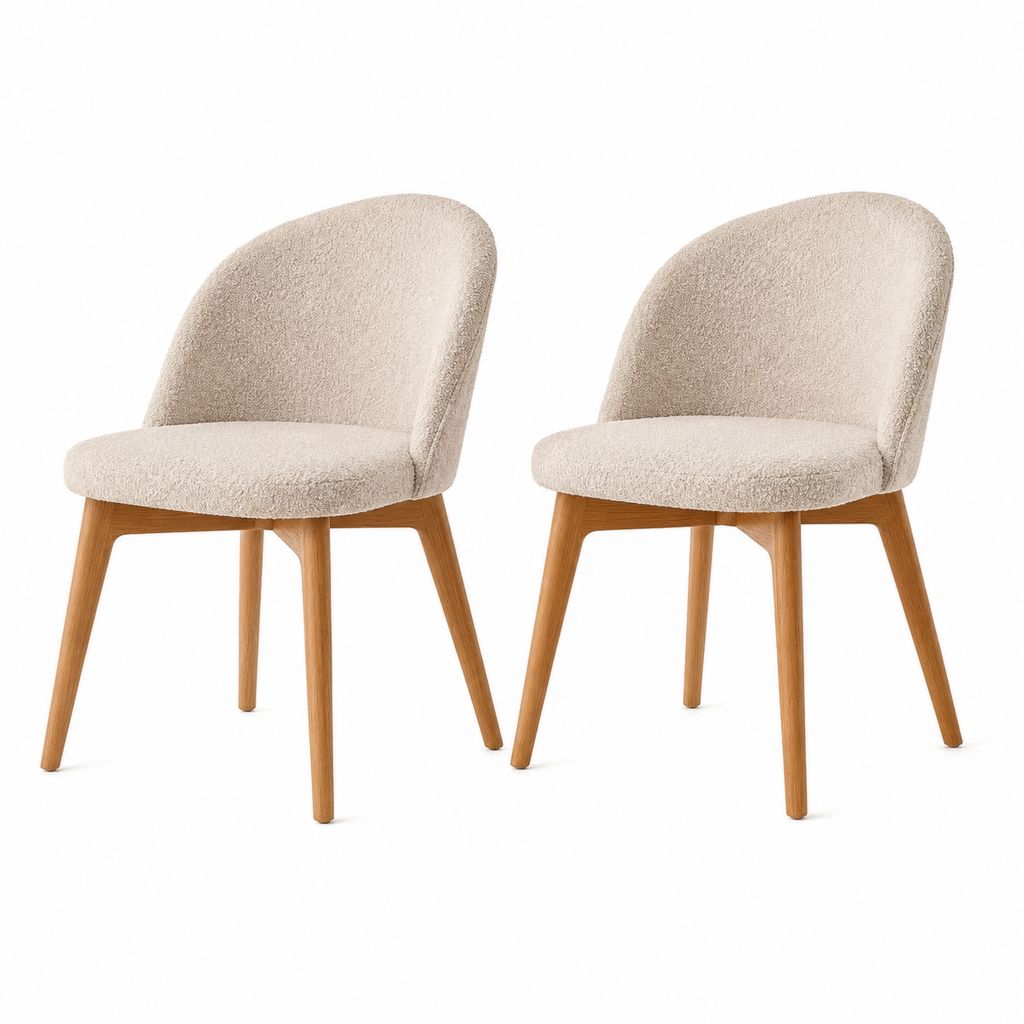 Lot de 2 chaises de salle à manger beige en polyester bouclette avec pieds en bois massif 48 x 55 x 80 cm