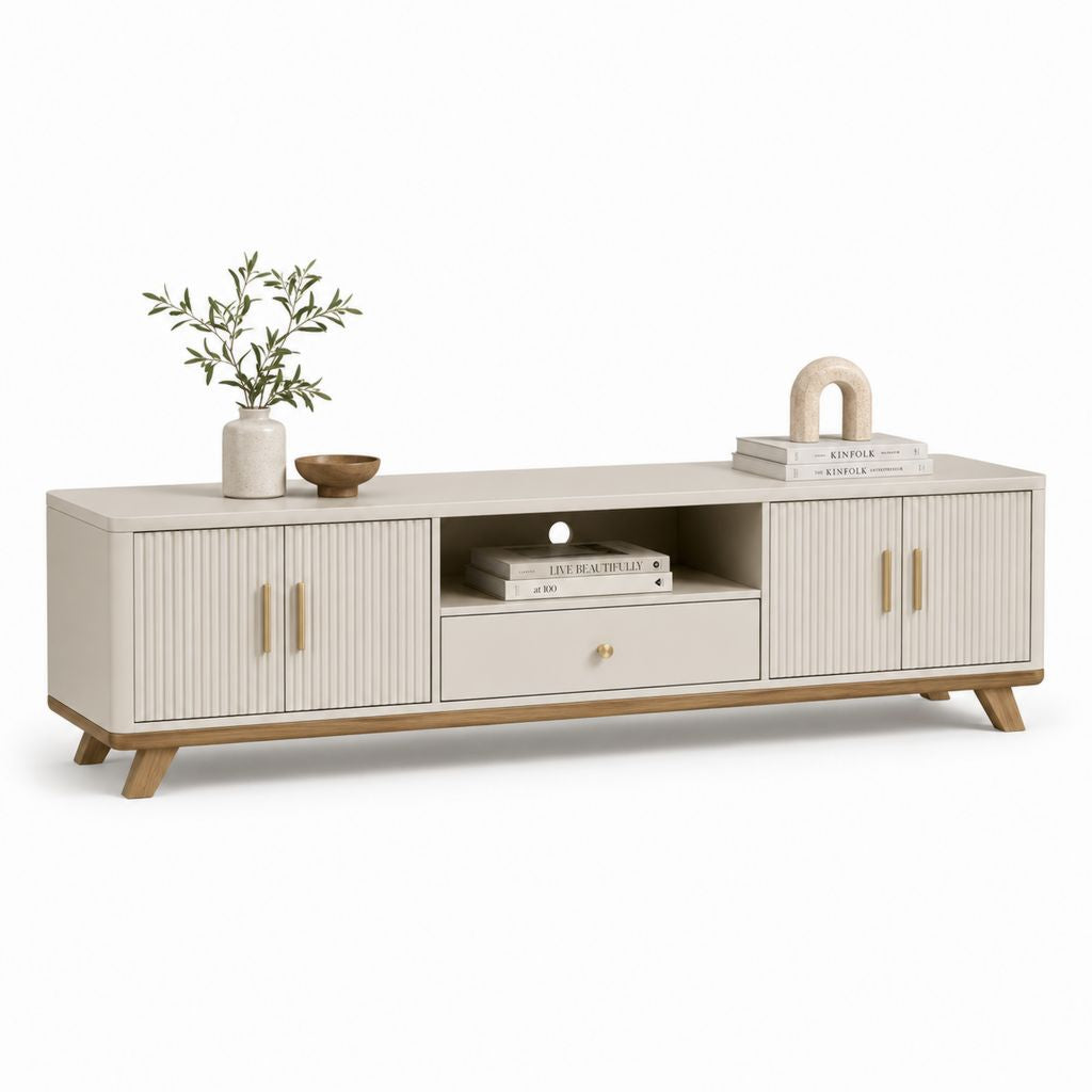 Meuble TV rectangulaire beige en MDF et panneaux de particules 180 x 40 x 55 cm avec 4 portes et tiroir
