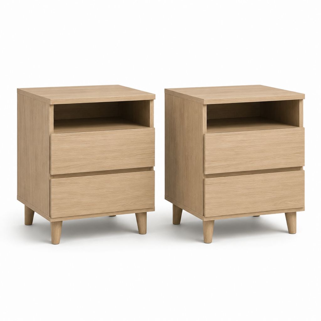 Lot de 2 tables de chevet beige chêne en panneaux de particules rectangulaires 40 x 35 x 60 cm avec 2 tiroirs