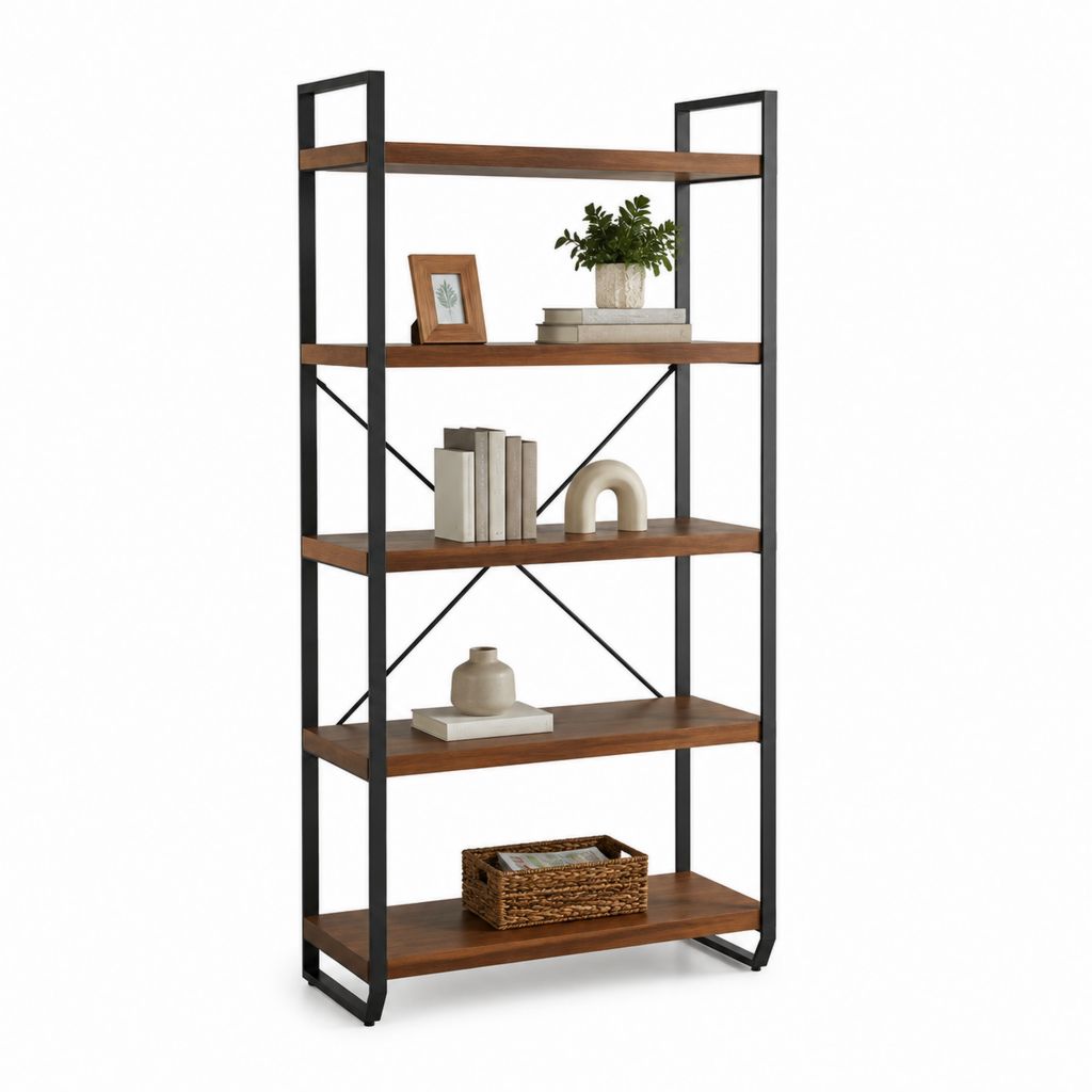 Bibliothèque étagère 5 niveaux noyer et noir en MDF et acier 80 x 35 x 180 cm