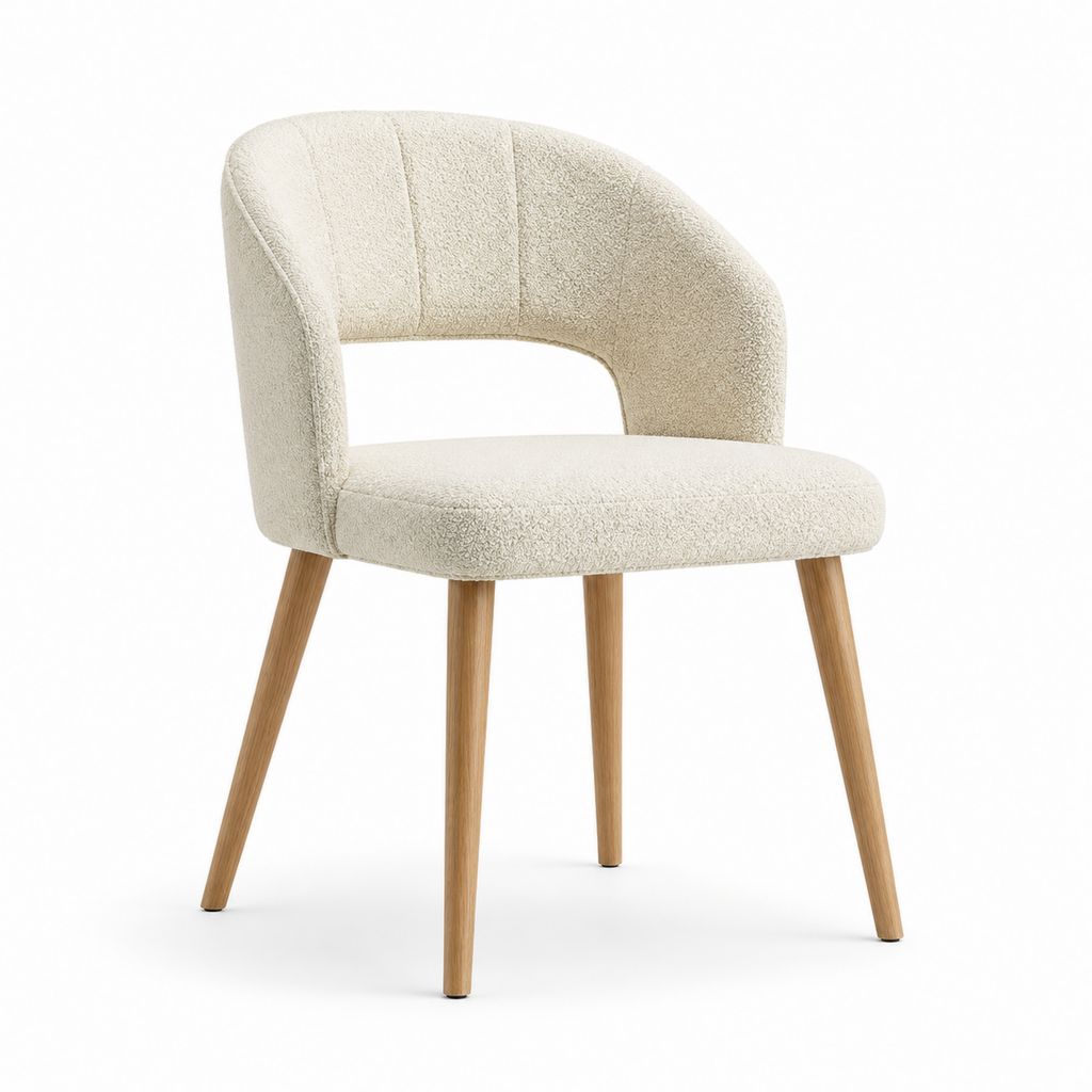 Chaise de salle à manger beige en polyester bouclé et hévéa massif forme arrondie 58 x 58 x 78 cm