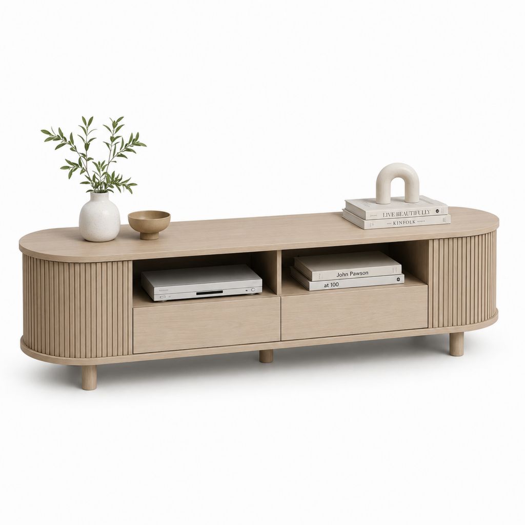Meuble TV ovale beige en MDF plaqué chêne avec rangement 160 x 40 x 55 cm