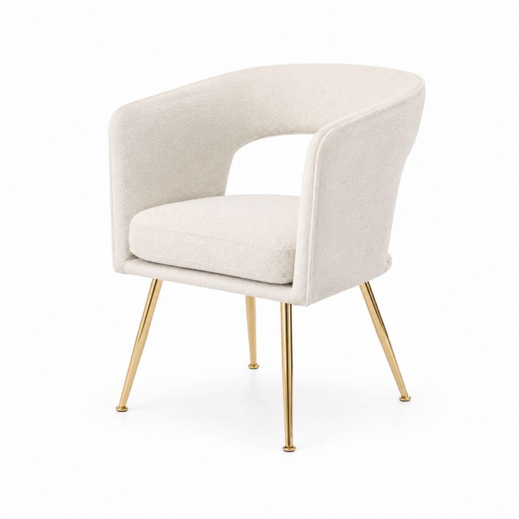 Chaise de salle à manger avec accoudoirs crème en polyester bouclette pieds en acier doré forme arrondie 58 x 60 x 78 cm