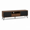 Meuble TV rectangulaire noyer et noir en panneaux MDF avec portes rainurées 180 x 40 x 55 cm