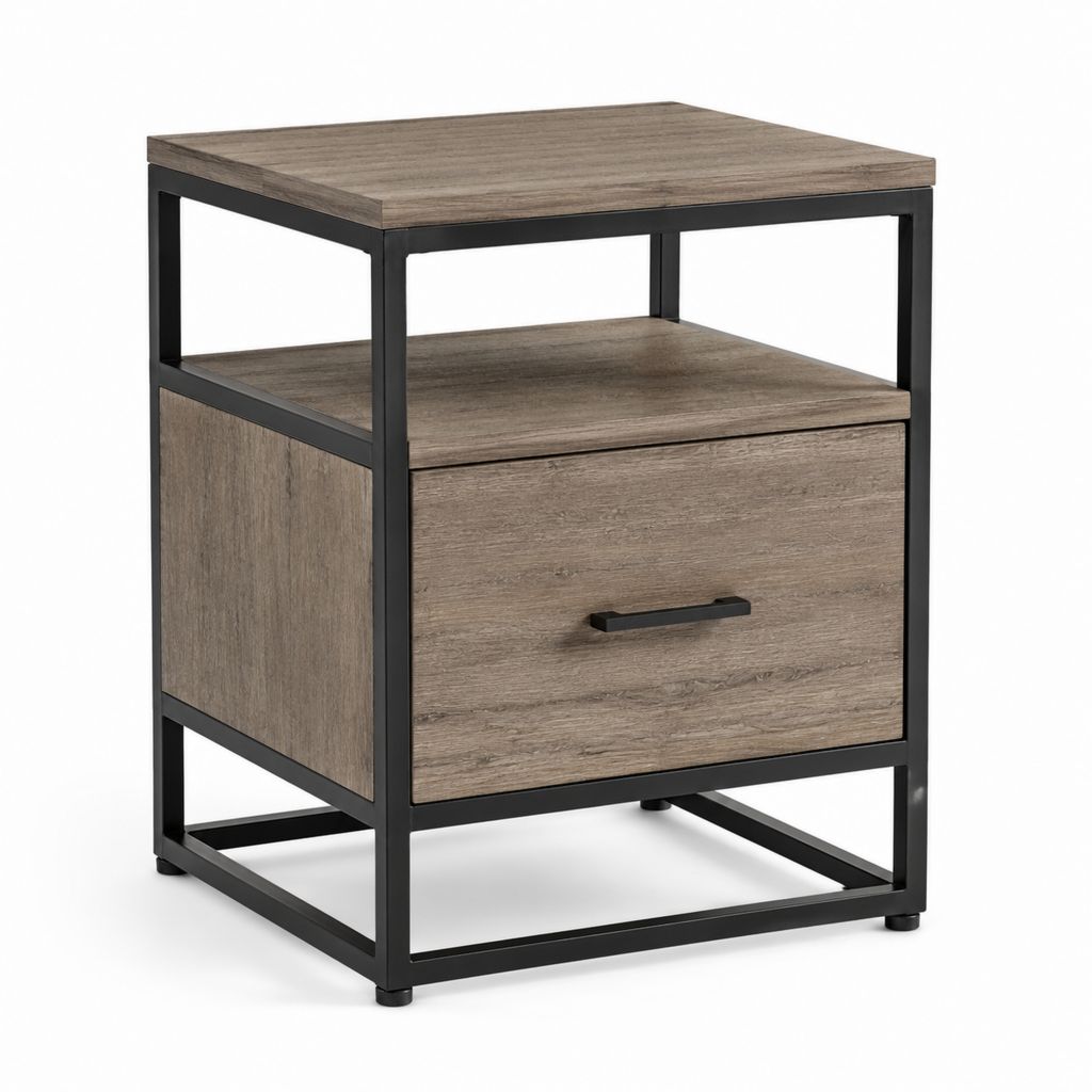 Table de chevet industrielle marron et noir en panneau de particules et acier 40 x 40 x 60 cm avec tiroir