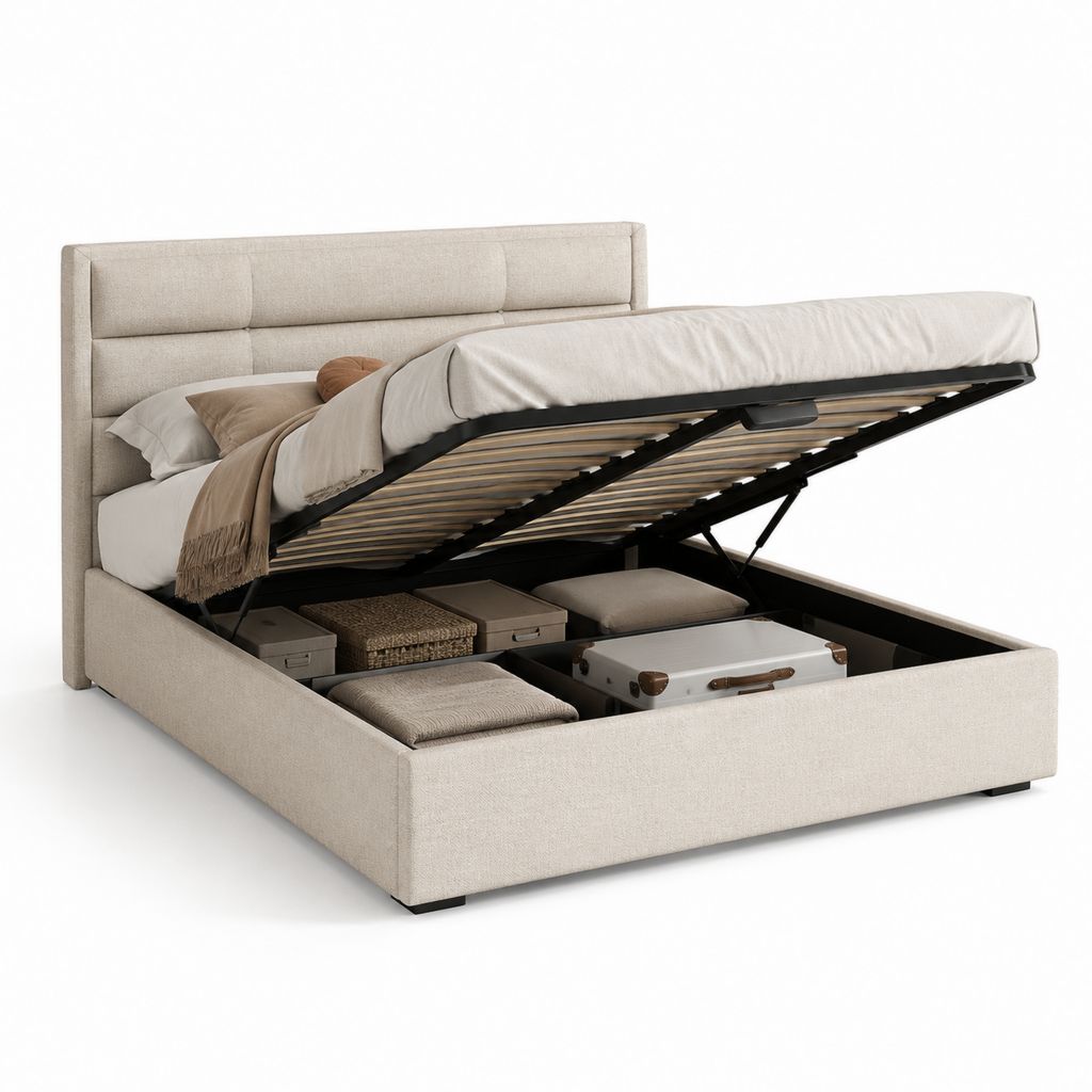 Lit coffre 160x200 cm beige en polyester avec sommier à lattes et tête de lit rembourrée