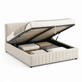 Lit coffre 160x200 cm beige en polyester avec sommier à lattes et ouverture hydraulique