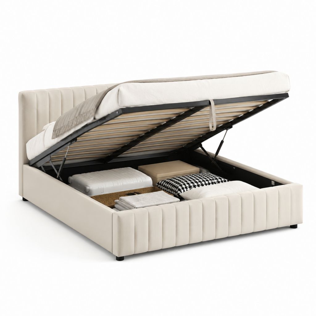 Lit coffre 160x200 cm beige en polyester avec sommier à lattes et ouverture hydraulique