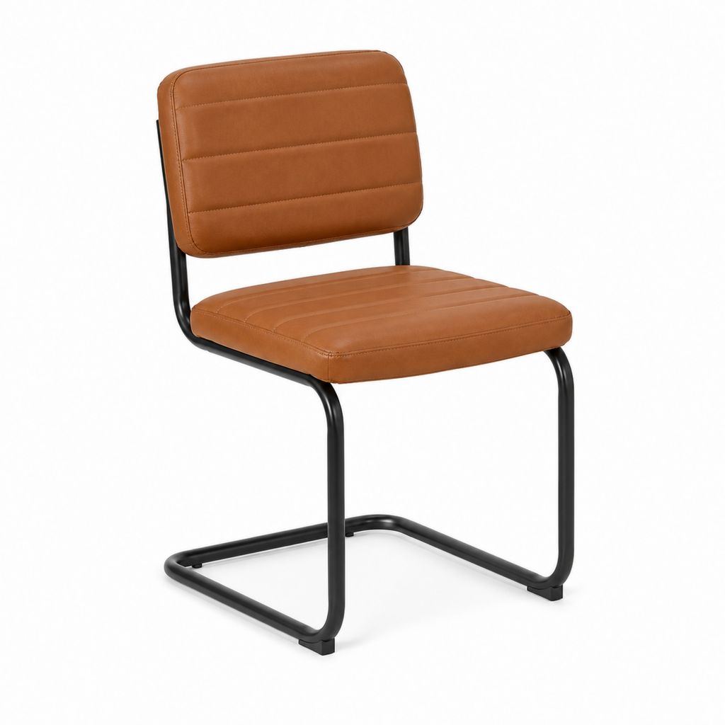Chaise de salle à manger marron en cuir synthétique PU avec piètement luge en acier 82 x 48 x 55 cm