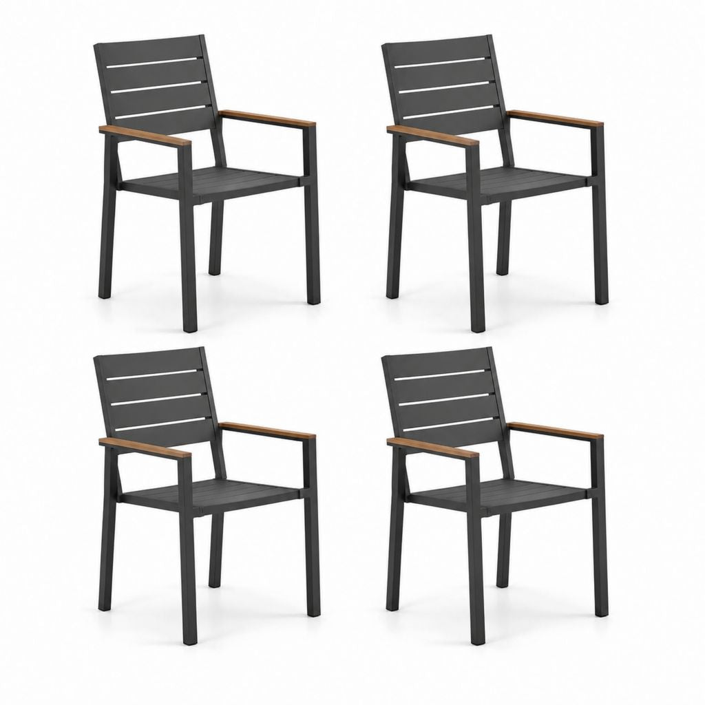 Lot de 4 chaises de jardin avec accoudoirs noir et brun en aluminium et bois d’acacia 56 x 57 x 88 cm
