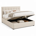 Lit coffre 160 x 200 cm beige en polyester avec tête de lit capitonnée