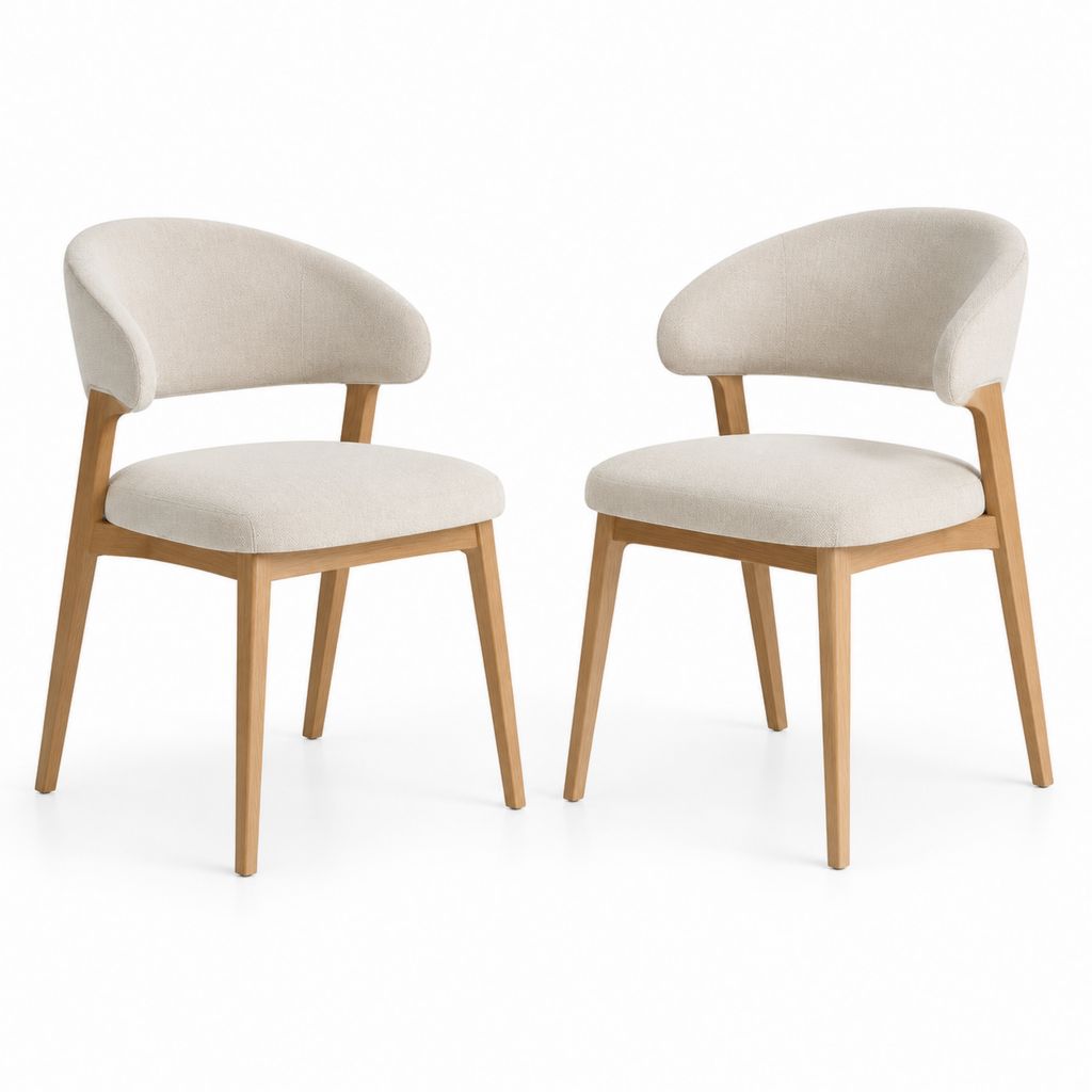 Lot de 2 chaises de salle à manger beige en polyester et bois massif d'hévéa à dossier incurvé 57 x 55 x 78 cm