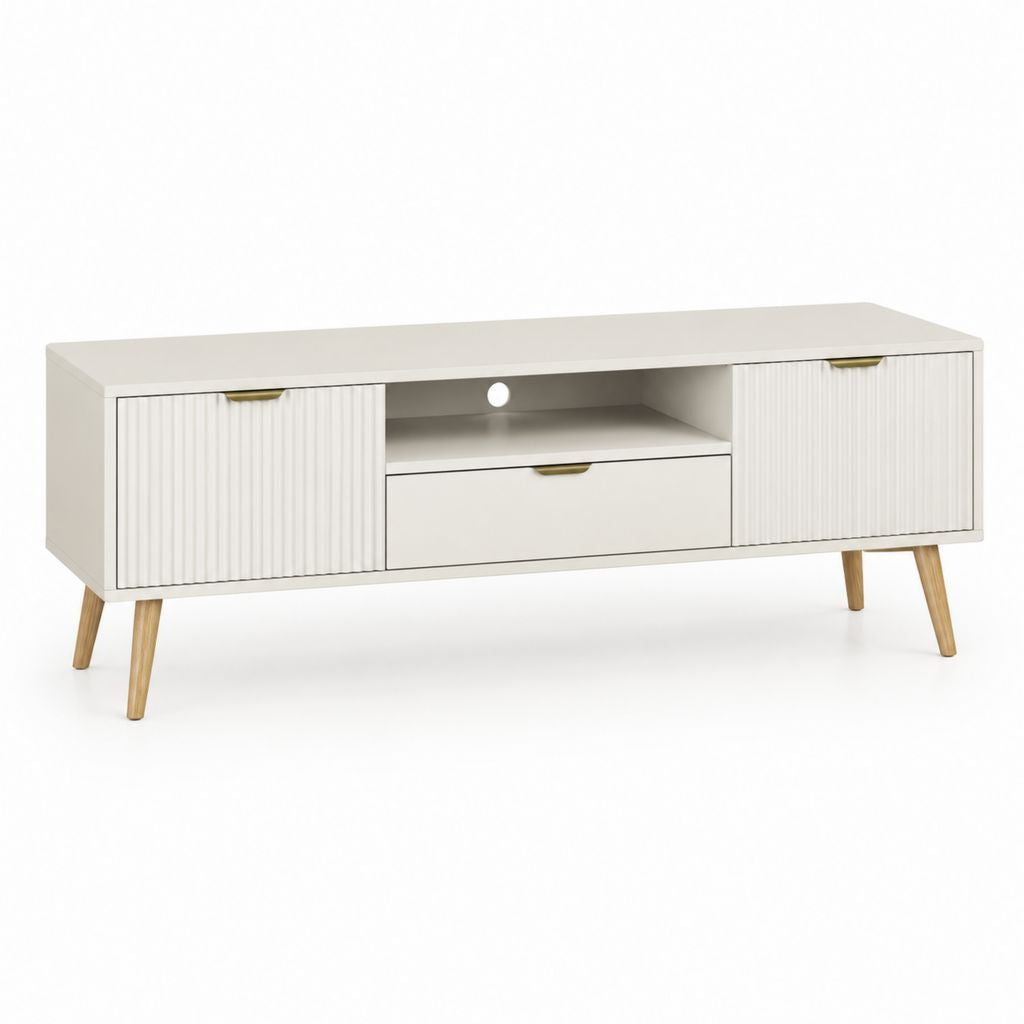 Meuble TV rectangulaire blanc en MDF 140 x 40 x 55 cm avec 2 portes et 1 tiroir