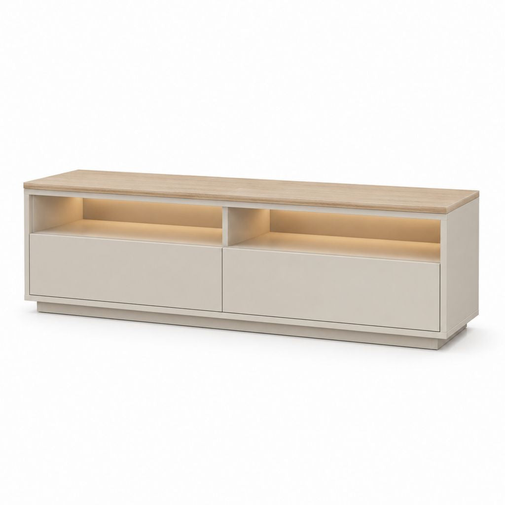 Meuble TV 180 cm blanc et chêne clair en panneaux MDF avec 2 portes et éclairage LED